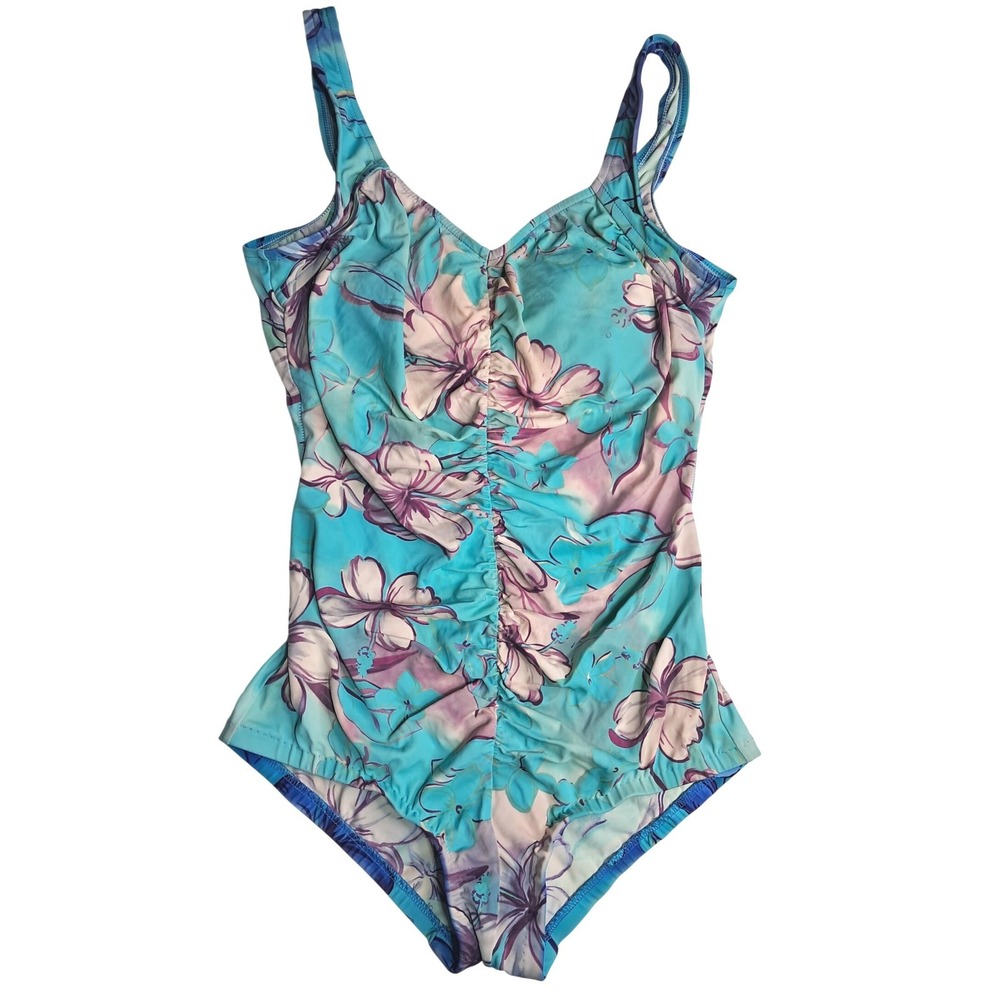 Le Cove One Piece Swimsuit Women Size 18 Turquoise Floral Ruched Front